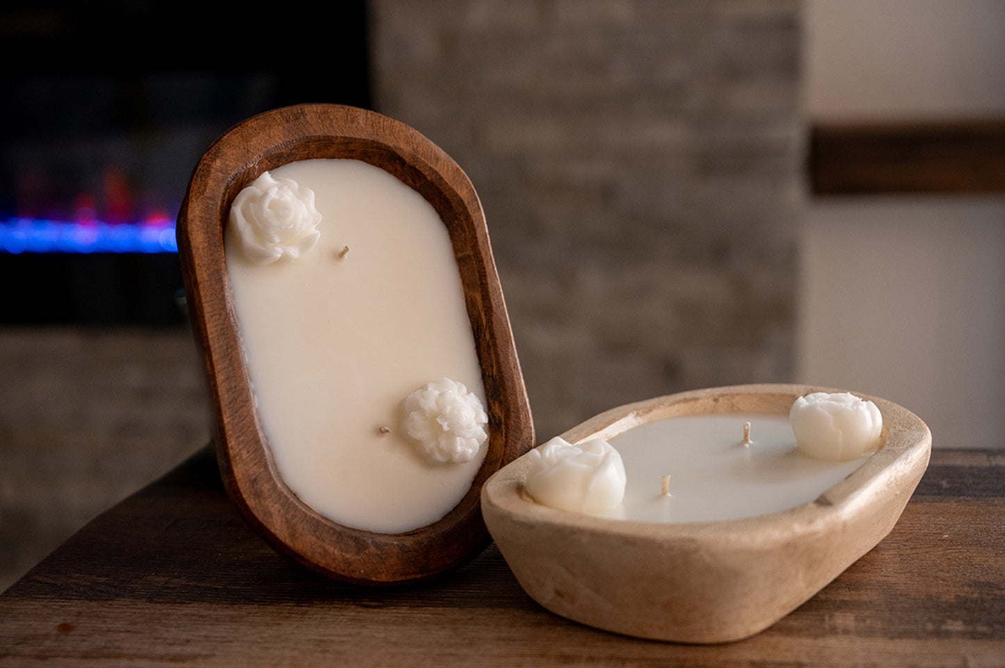 Small Wood Dough Bowl Coconut Apricot wax candle